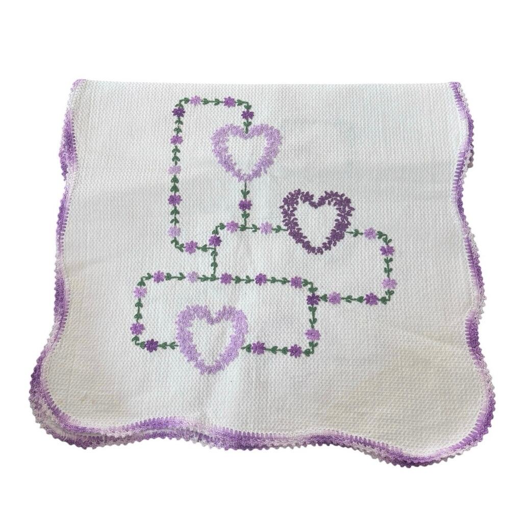 Hand Stitched Vintage Linen Runner Cross Stitch Purple Hearts 34x14 Cottagecore